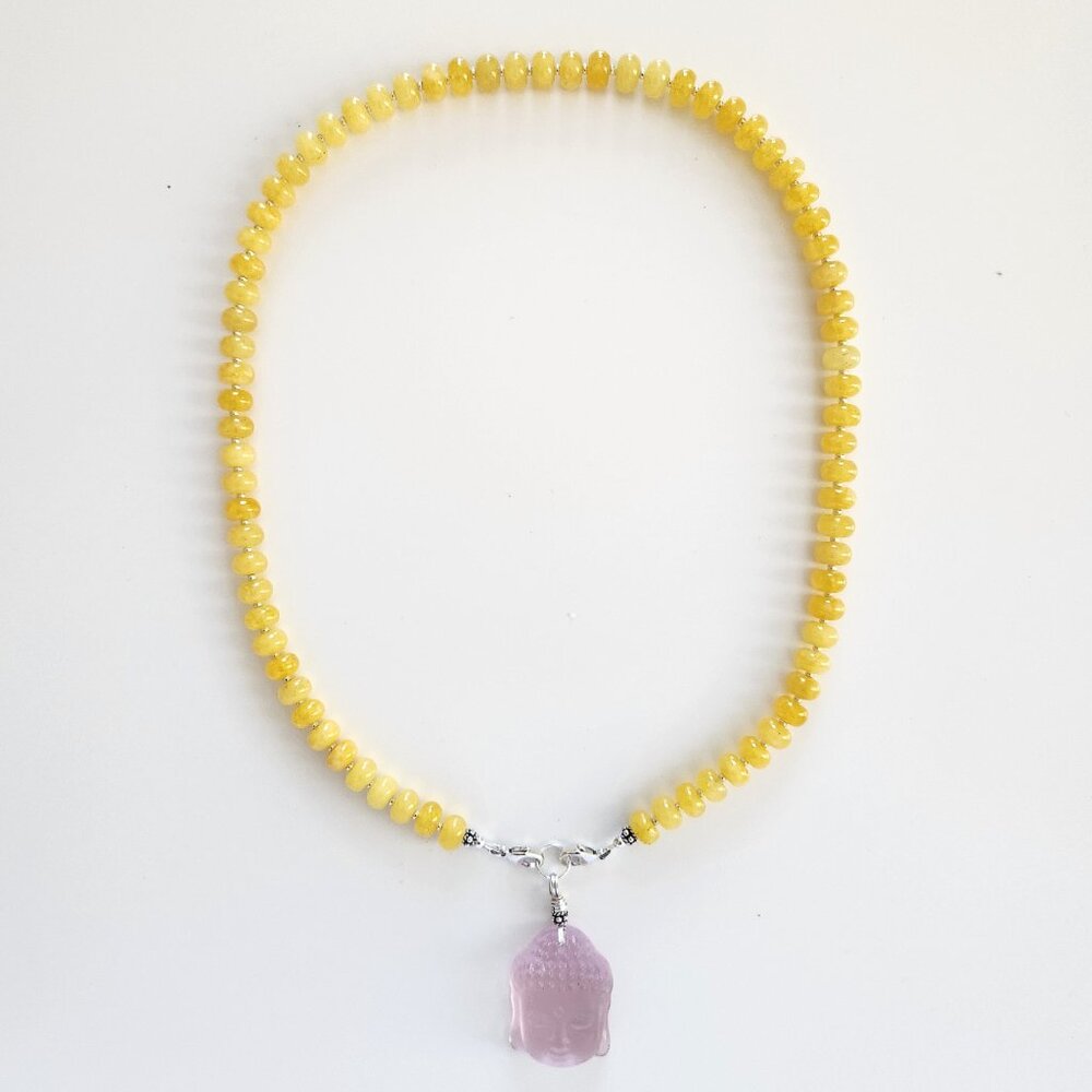 YELLOW JADE NECKLACE W/ PINK BUDDHA PENDANT--20" - Picture 6 of 7